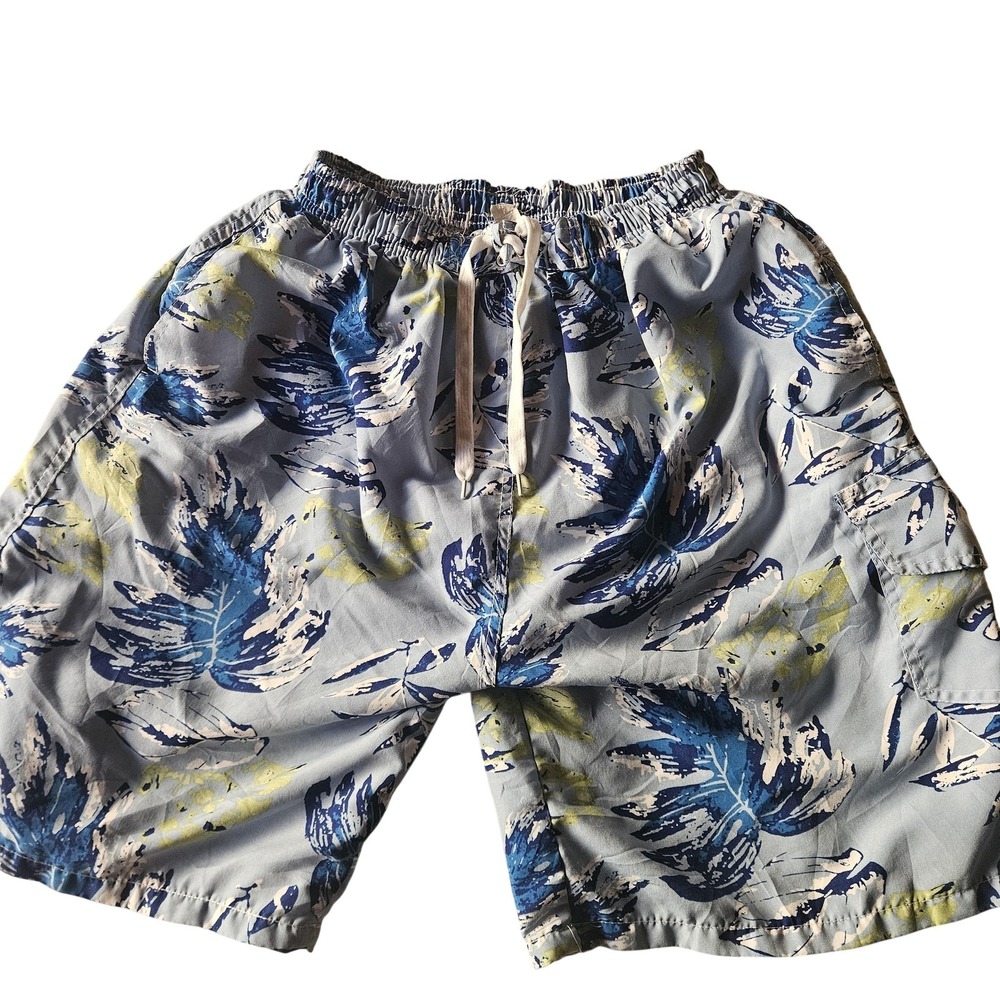 Swim Shorts Mens Large Blue Floral Tropical Trunks Drawstring Mesh Lined Beach